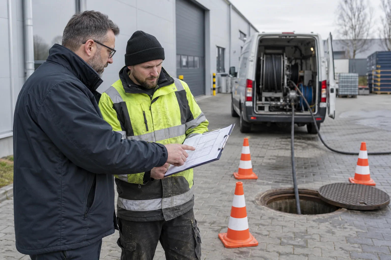 Prace serwisowe przy instalacji kanalizacyjnej — wizualizacja AI
